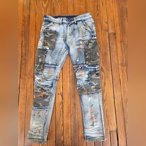 Copper Rivit Men's Slim Fit Jeans with Camouflage And Paint Splatter Accents